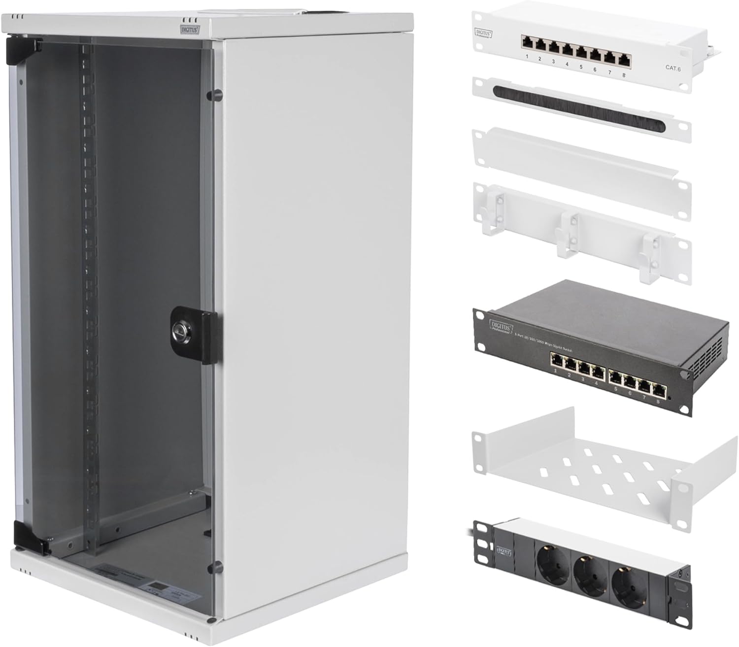 10 Pouces Set - Armoire réseau 12U Gris - Tablette - Prises Multiples - Panneau de Brassage 8 Ports - Commutateur Gigabit 8 Ports SOHO 12U Gris