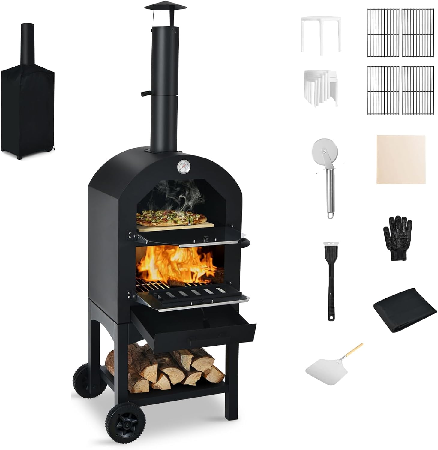 Four à Pizza pour l'Extérieur, 2 Niveaux, 200℃-350℃, Four en Bois portable en Fer, Mini-four avec Pierre à Pizza, Spatule à Pizza, Grille, Couvercle étanche, pour Fêtes, Barbecues