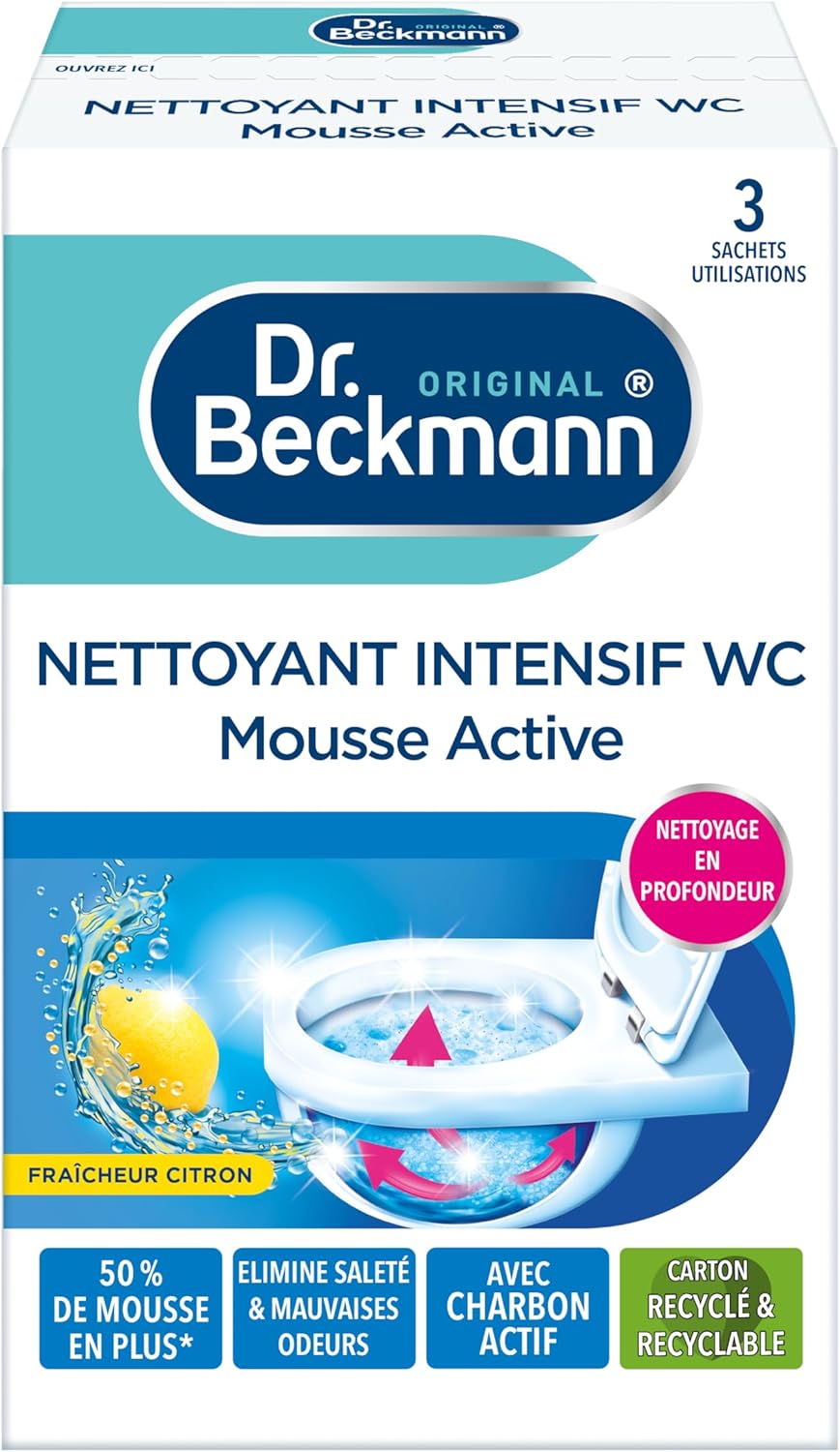 Dr - Beckmann - Nettoyant Toilette Intensif - Mousse Active Au Charbon Actif - Produit Toilette Qui Élimine Saleté & Mauvaises Odeurs Pour Un Nettoyage en Profondeur - Fraicheur Citron - 3 x 100g