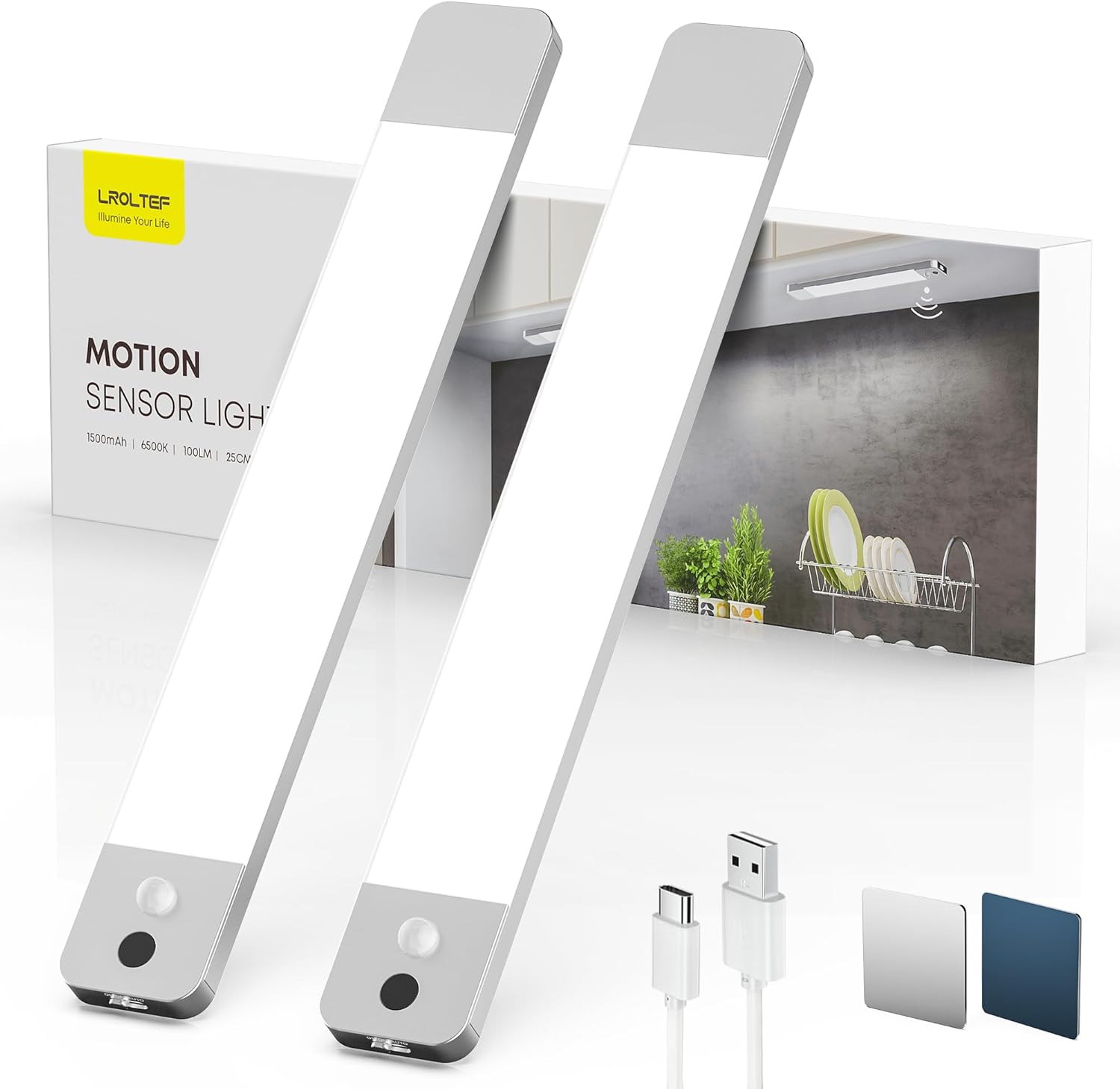 Reglette LED Lampe Cuisine sous Meuble - 25CM 1500mAh Lumiere Placard avec Detecteur de vol Stationnaire à Main & Detecteur Mouvement Interieur sans Fil Rechargeable pour Armoire - 2 Pack 6500K 25cm*2