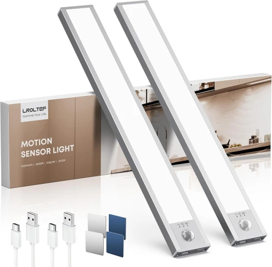 Lampe Placard sans Fil Rechargeable Cuisine sous Meuble - 21cm 1500mAh 6500K Reglette LED Lumiere Armoire Dimmable avec Detecteur de Mouvement Interieur pour Escalier Dressing - 2 Pack 6500K 21CM*2