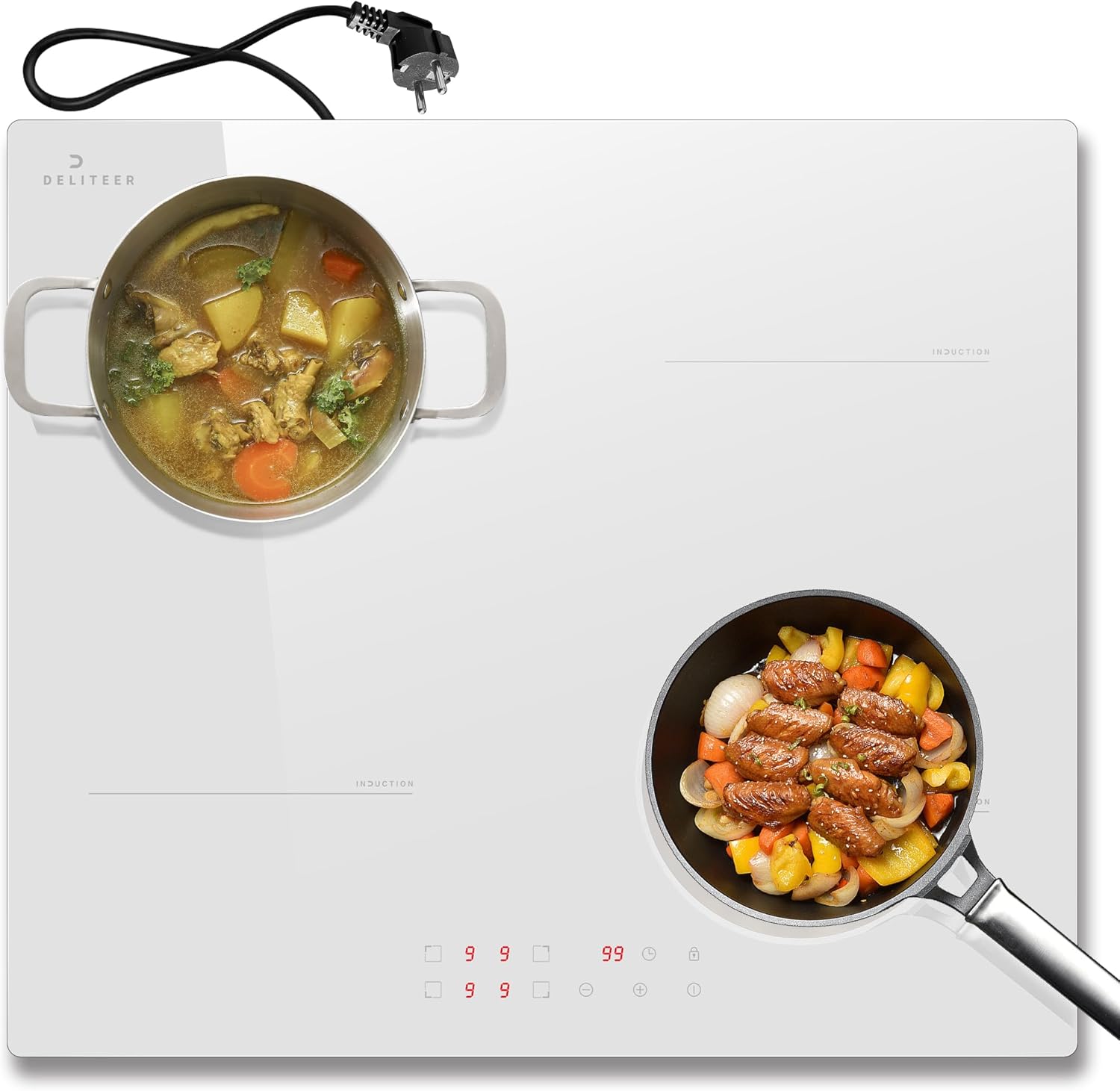 Plaque Induction Blance 4 Feux, Table Cuisson électrique 60CM Encastrable avec Prise, Verre Céramique Blanc, Commande Tactile, Minuterie, Verrouillage de Sécurité, 3500W, 9 Niveaux, 240V Plaque Induction 4 Feux Blanc