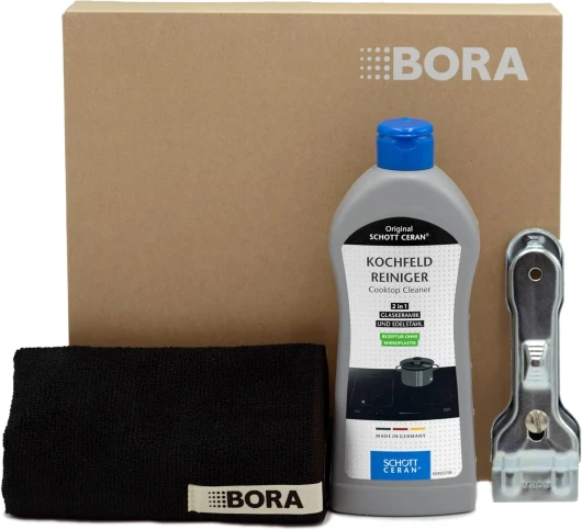 BORA Nettoyant pour Vitrocéramique, Lot de Nettoyage, y c - Racloir et Chiffon Microfibre, Produit Nettoyant Spécial Vitrocéramique et Induction (300 ml)
