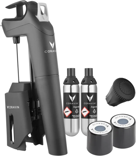 Timeless Three+ Système de Préservation du Vin - Facile à Utiliser, Protège Le Vin de l’Oxydation Pendant Plus de 2 Ans - 2 Bouchons à Vis & Bouchon Aérateur Inclus, Noir Noir/Blanc