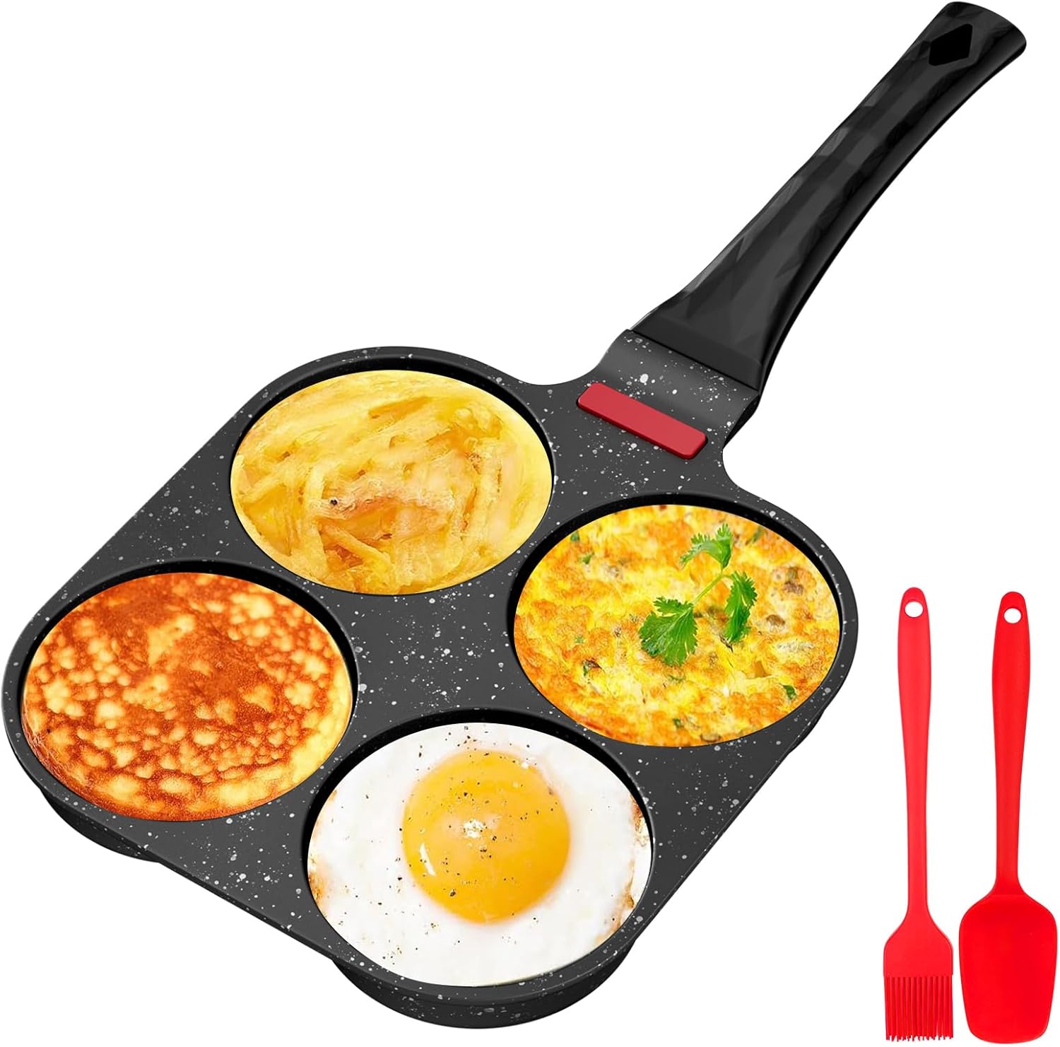 Traxenta poele a pancakes, antiadhésive en aluminium pour poêle à pancake à 4 trous, appareil pancake avec Brosse à Huile de Silicone, pour petit-déjeuner oeuf, pour Cuisinière à Gaz (Noir)