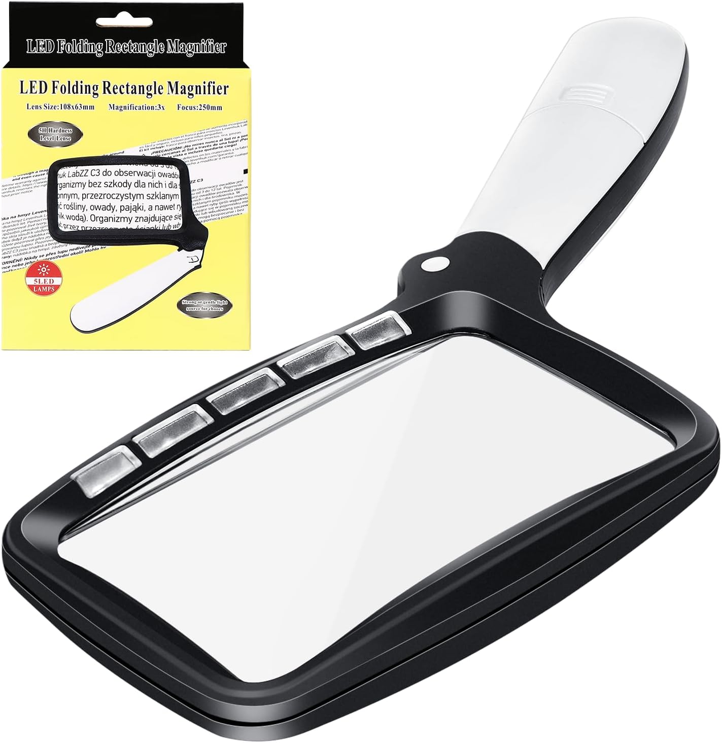 Loupe de Lecture rectangulaire, Loupe de Lecture Lumineuse, 3X Grand Loupes Eclairante avec 5 lumières à LED, 2 Modes d’intensité, pour Les Seniors, Enfants, Les Loisirs, l'artisanat, Les Horlogers