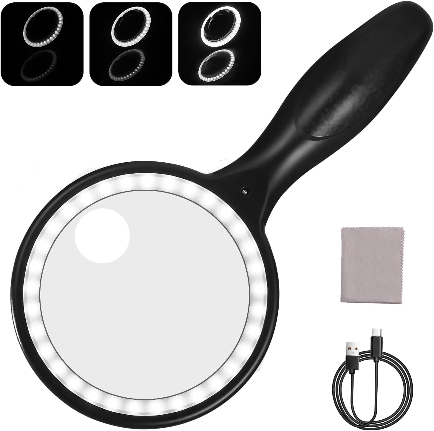 Loupe de Lecture, 20X 5X Loupe de Lecture avec 33 lumières LED, Touchez Les Boutons, 3 Modes D'éclairage, USB Rechargeable, Loupe Grossissante à Main pour journaux, Lecture, Bijoux, Seniors, Malvoyant