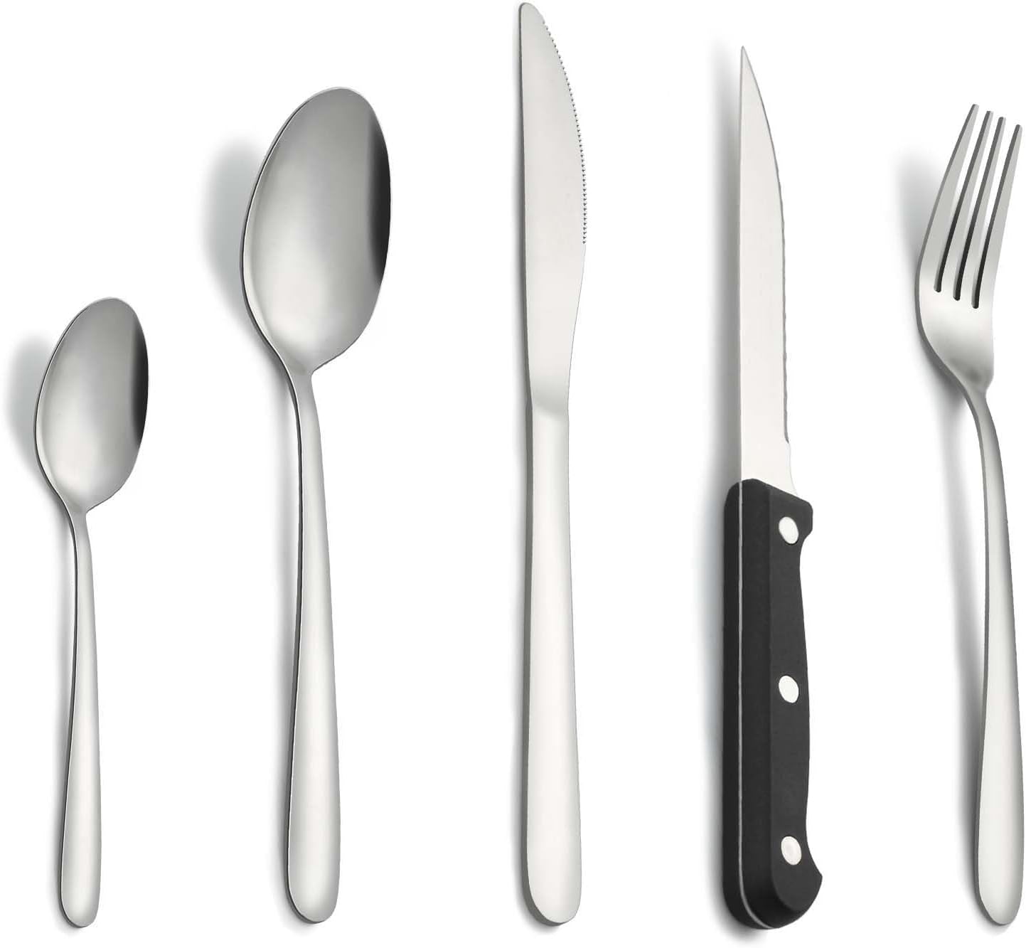 Couverts avec couteau a steak, 30 pièces couverts de table pour 6 personnes, couvert en argent comprenant cuillère, couteau, fourchette, set couverts de table inox, lave-vaisselle