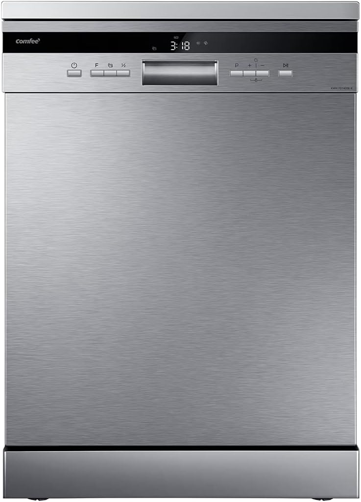 ' FD1435E-X Lave-vaisselle pose libre pour 14 couverts, grand format, 44 dB, grand écran LED, départ différé, fonctionnalité demi-charge, supports flexibles, acier inoxydable