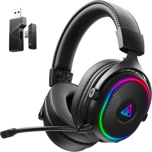 EKSA Casque Gaming sans Fil, 2,4 GHz Casque Gamer pour PS5/PS4/PC/Switch/Mac, Casque Bluetooth 5.3 avec Microphone, Latence de 20MS, Durée D'utilisation Maximale 80H, RVB, USB&USB-C noir
