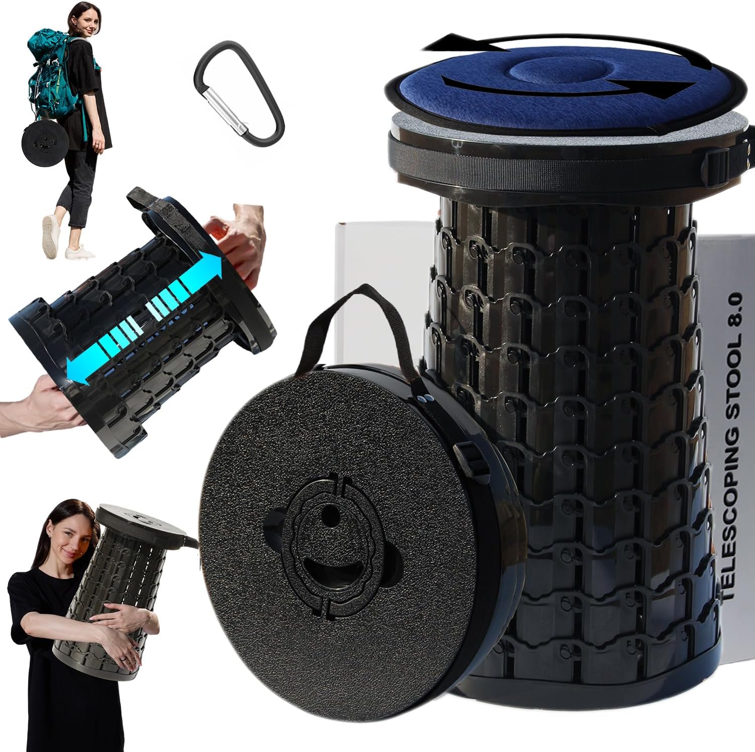 Upgraded Épaissi Tabouret Pliant Tabouret Télescopique avec Coussin, Tabouret Pliant Rétractable pour La Pêche De Camping en Plein Air, Hauteur 50CM, Charge Max 1000 LB Noir