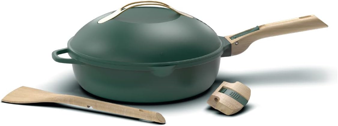 COOKUT - La Fabuleuse poêle 8 en 1 – Un seul ustensile qui remplace poêle, casserole, sauteuse, cocotte - Avec 2 poignées amovibles, panier vapeur/friture, spatule en bois - CANOPEE 28cm
