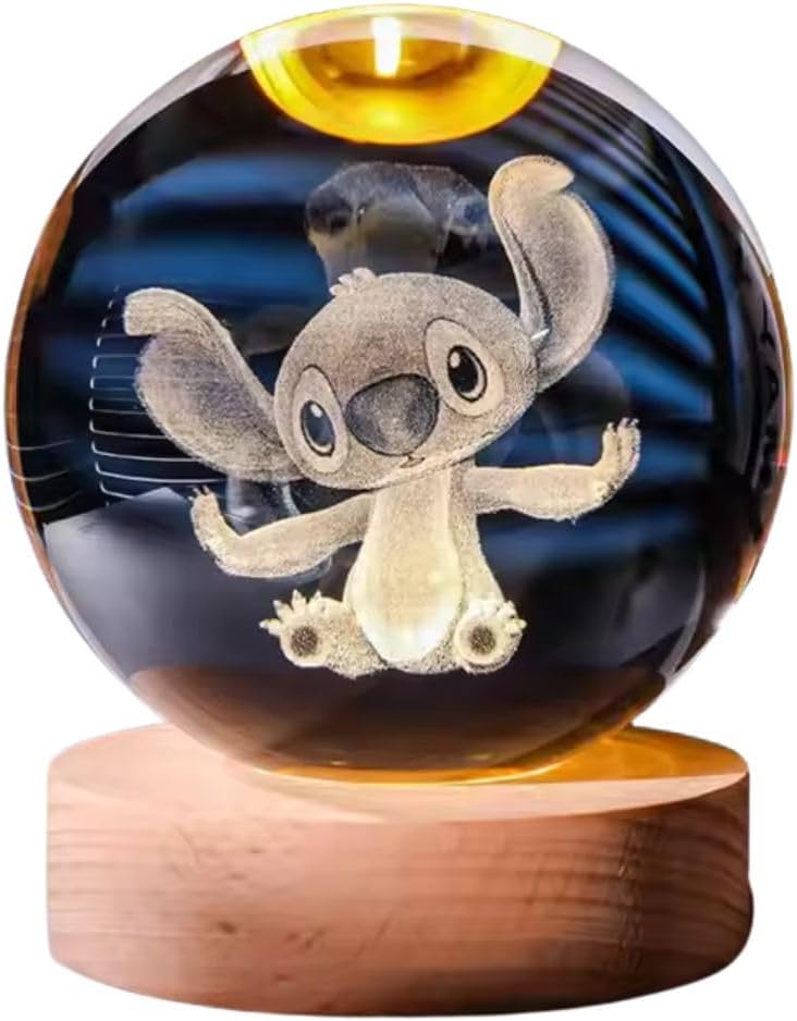 Générique Lampe 3D Stitch avec Base en Bois – Boule de Cristal avec Lumière Nocturne LED pour Dormir – Idéale pour Table de Nuit – Cadeau pour Filles et Fans de Lilo & Stitch - Décor de chambre