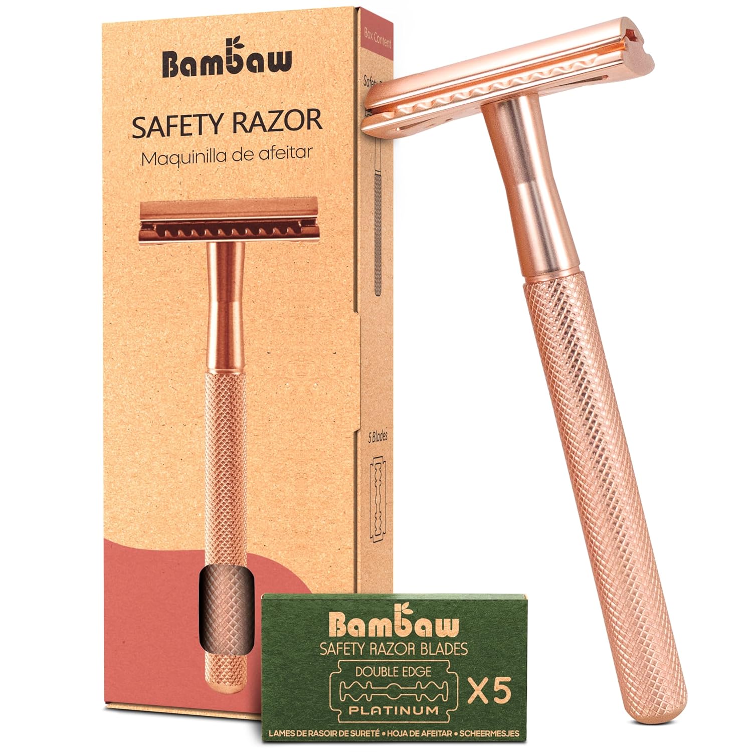 Bambaw Safety Razor for Women with 5 Double Edge Blades, Double Edge Razor, Single Blade Razors for Women and Men, Reusable & Plastic Free – Rose Gold Rose Gold Razor