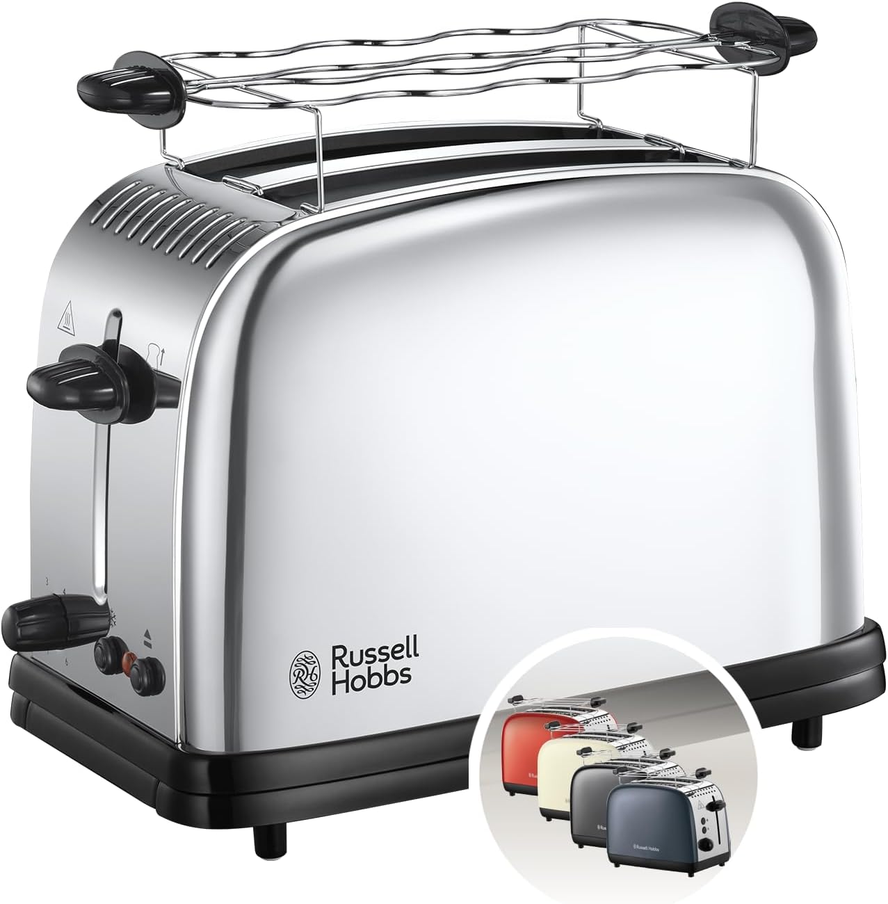 Grille Pain [Pour 2 Tranches] Chester (Fentes extra larges, Design en Inox,Niveau de Brunissage réglable, Surélévation, Réchauffe viennoiserie, Ramasse miettes, 1670W) Toaster 23310-56 Inox Brillant