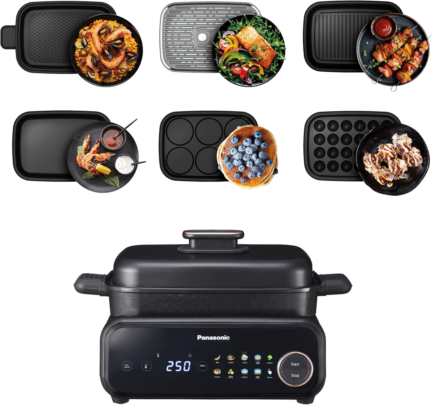 NF-GM600 Multicuiseur Electrique 6-en-1, 1400W, 40-250°C, 9 Modes Automatiques, 6 Accessoires, Extracteur de Fumée, Lavable au Lave-Vaisselle, Cordon de 2,5m, Noir