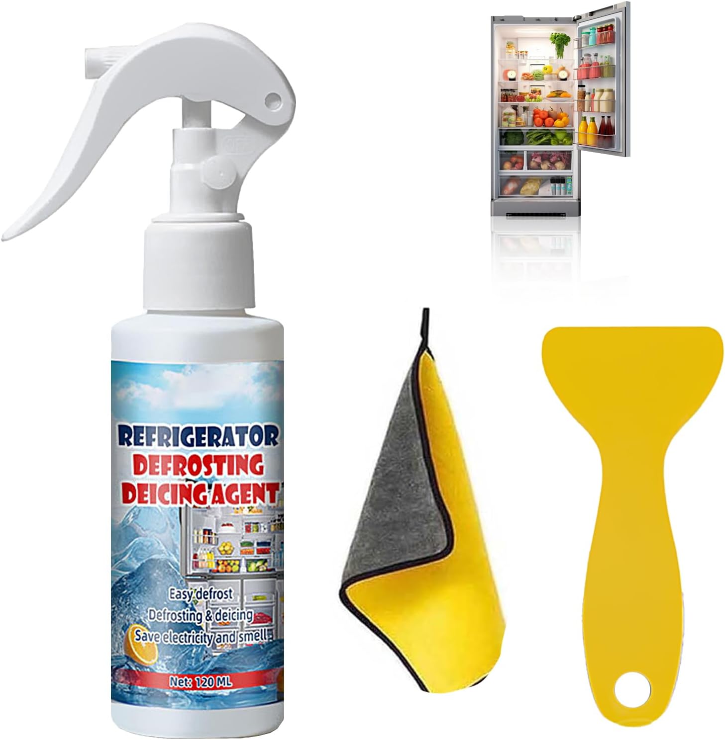 120ml Spray de Dégivrage pour Réfrigérateur, Dégivrant Congélateur, Élimine Efficacement Et Rapidement L'accumulation de Glace, Avec Grattoir et Serviette