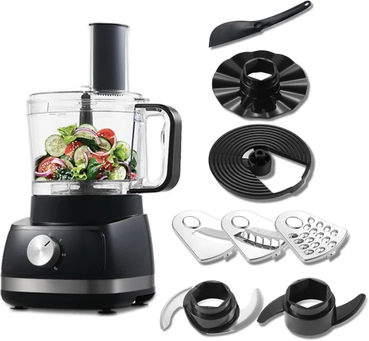 Robot Cuisine Multifonctions, 800W Robot Multifonction, 2L Robot de Cuisine, 6 en 1 Robots Ménagers, Food Processor Inclus Hachoir, Crochet Pétrisseur, Mixeur, 3 Vitesses Réglables Noir