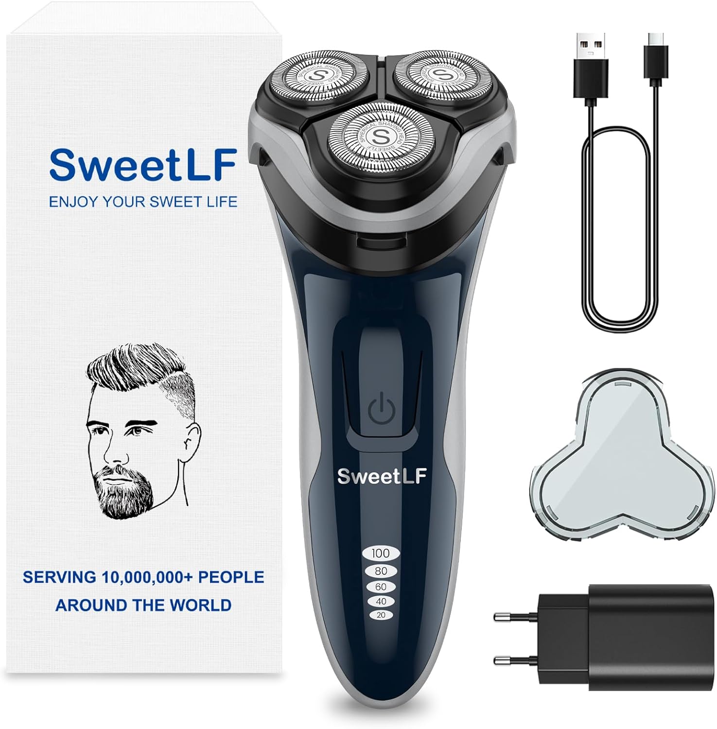 Rasoir Electrique Homme Rechargeable Wet & Dry, Tondeuse à Barbe Haute Précision, Rasage avec 3D Têtes Rotatives, 100% Etanche&120 min d'Autonomie SWS7105 - Dark Blue Bleu