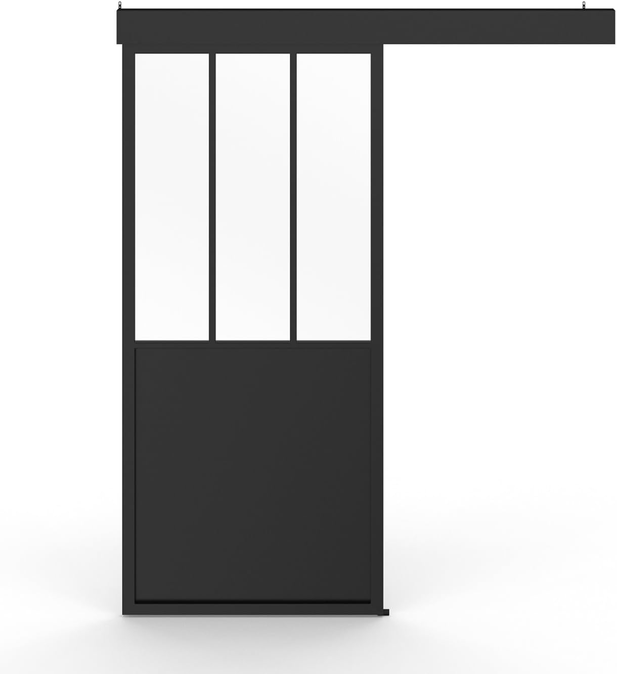 Kit Porte coulissante verrière Verre trempé 93 cm en métal + MDF avec Rail et Fixations