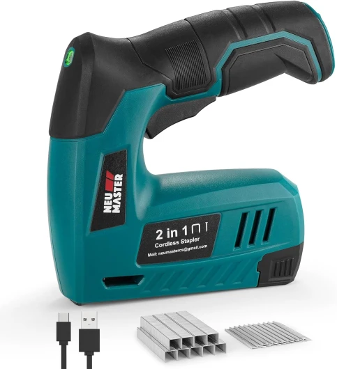 Agrafeuse Électrique, 2-en-1 4V Cloueuse Electrique Sans Fil avec Câble de Charge, 1000 Agrafes & 1000 Clous Inclus, Idéal pour l'Artisanat, le Bricolage et la Décoration Intérieure bleu