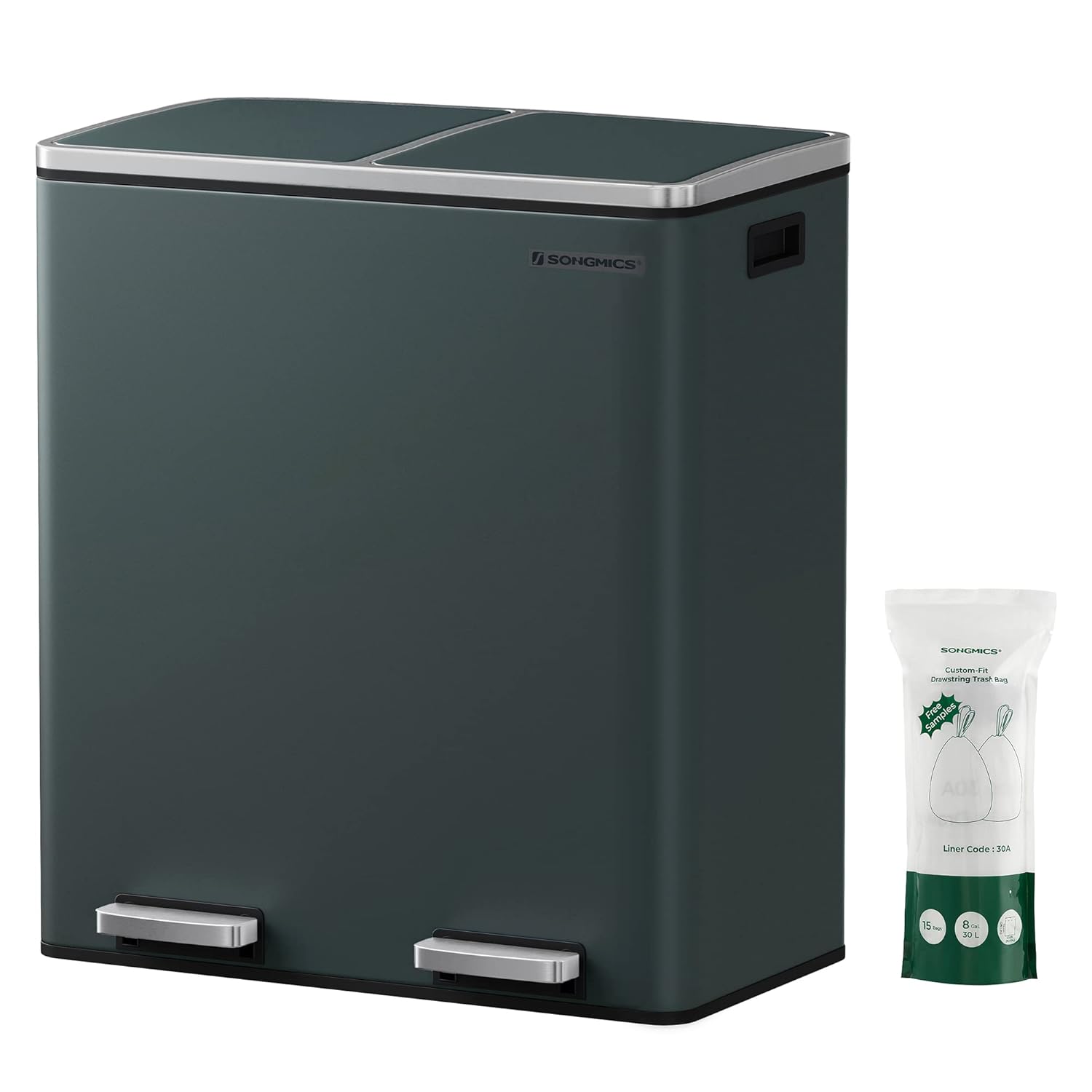 Poubelle à Double Compartiment 2 x 30 L, avec 15 Sacs Poubelles, Pédales en Métal, 2 Seaux Intérieurs en Plastique, Couvercles, Poignées, Fermeture en Douceur, Gris Verdâtre LTB60GS Gris Verdâtre 2 x 30 L