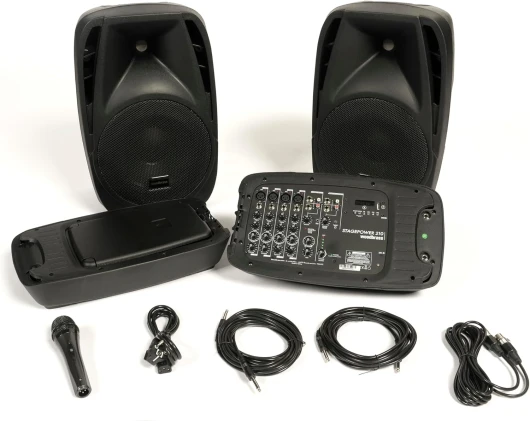Stage Power 210 Kit Sonorisation Enceintes Puissantes Bluetooth 150W - 96db - Sono Mobile, Robuste, Compacte, Performante, 6 entrées, sans Fil, USB - DJ, Fête, Conférence, Fitness