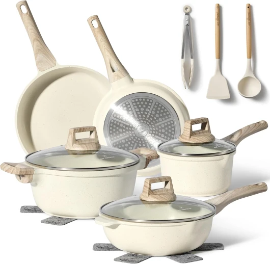 JUST PERFECTO Batterie de cuisine induction Set de casseroles avec couvercle - Casserole tout feux - poele anti adhesive - poele sans PFOA et sans PTFE - lot avec des poêles (13 pcs Biege) Blanc