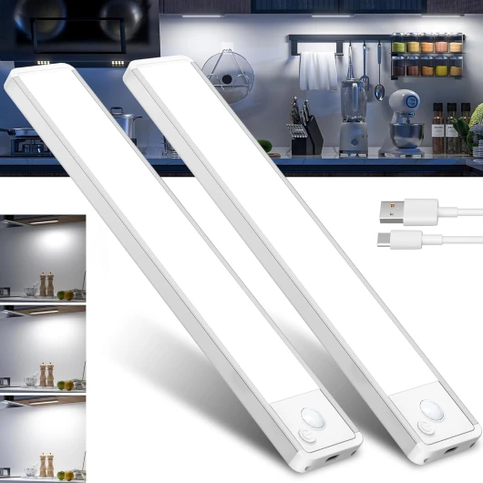 Reglette Lampe LED Cuisine Mouvement Detecteur - Sans Fil Sous Meuble Placard Lumière Rechargeable Barre Interieur Cabinet Eclairage Aimantée USB Batterie Réglette Autocollante Bande Armoire Light 6000K-20CM-2PCS