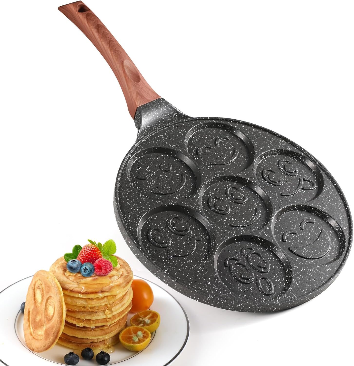 Poêle à Pancakes en Forme de Sourire, Poêle à Crêpes Antidérapante à 7 Trous, Mini-Machine à Pancakes en Aluminium, Parfaite pour les Petits Déjeuners, Brunchs, Fêtes et Vacances