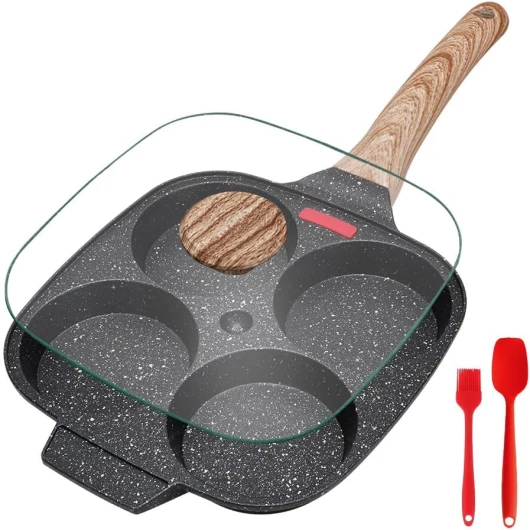Poêle à 4 Emplacements, Poêle à Pancakes avec Couvercle Poêle à Omelette Antiadhésive en Aluminium pour Petit-déjeuner Oeuf Au Plat, pour Tous Feux Dont Induction Noir avec couvercle