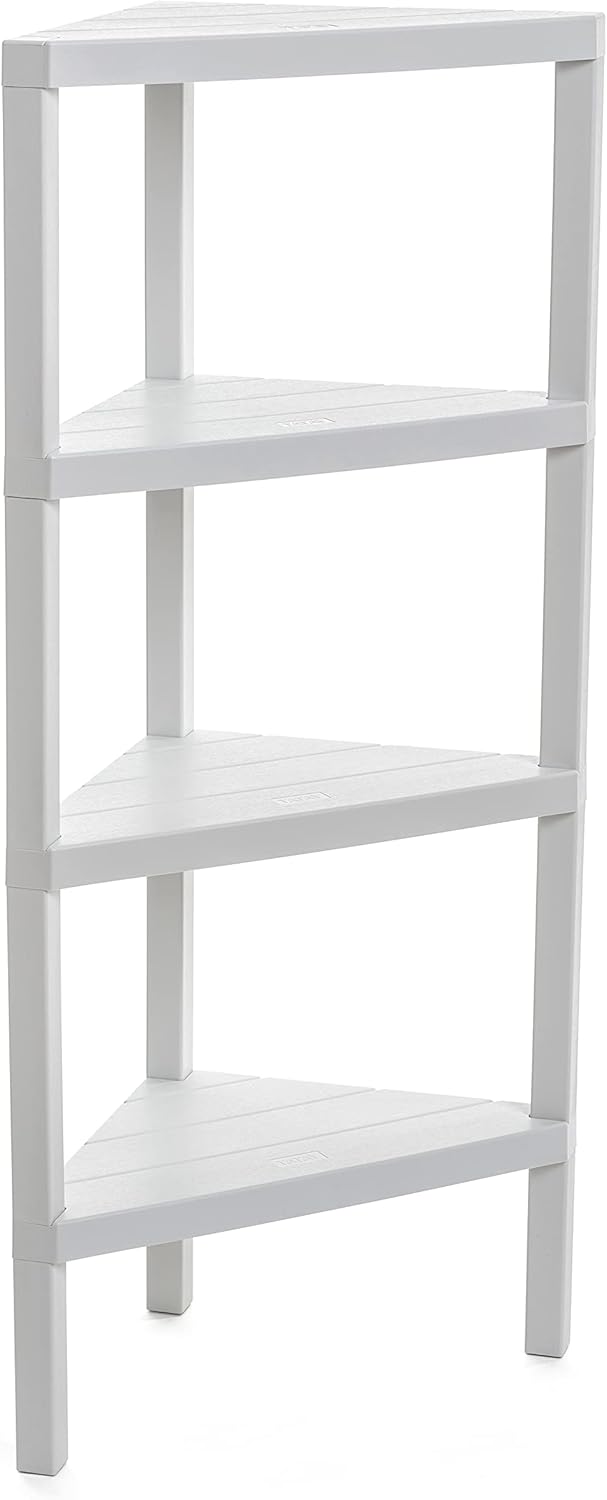 Etagere Plastique d’Angle 4 Niveaux - Résistante à l’Humidité - Inclut Fixation avec Vis et Compatible Système Quick Fix - Intérieur et Extérieur - Charge Jusqu’à 32kg – Modèle Lombok – Blanc Étagère Angle 4 Niveaux - Blanc