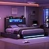 Lit 140x200 avec Sommier LED et USB,Lit Double rembourré avec sommier à Lattes et 4 Tiroirs,Tete de lit avec Rangement,2 Personnes pour Adultes et Adolescents,Lin (Gris, 140 x 200 cm) Gris 140 x 200 cm