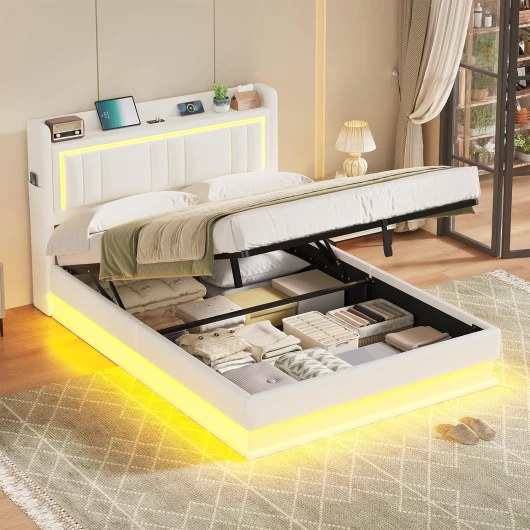 Lit Coffre 140x190 à LED, Lits Hydraulique avec Multiprise, Tête de Lit Capitonnée avec Étagère Ouvertes, Lits Double avec Rangement Spacieux, Lattes en Bois, Litss 140 x 190 avec Sommier, PU Blanc 140 X 190 Blanc