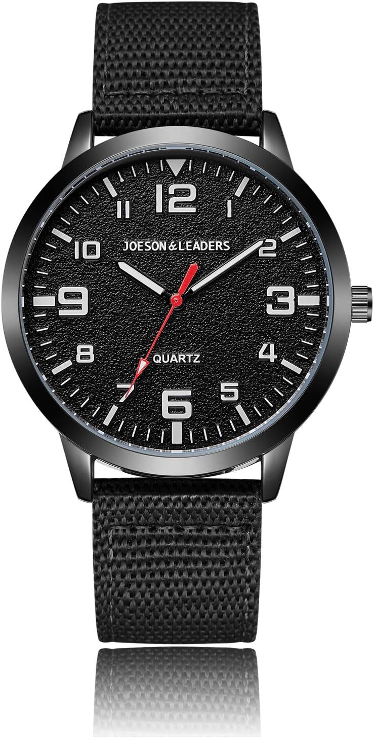 JOESON LEADERS Montre-bracelet 3 ATM étanche pour l'extérieur Unisexe Montres Casual Quartz Montre Bracelet de Sport avec Bracelet en Nylon/Cuir Tout Noir