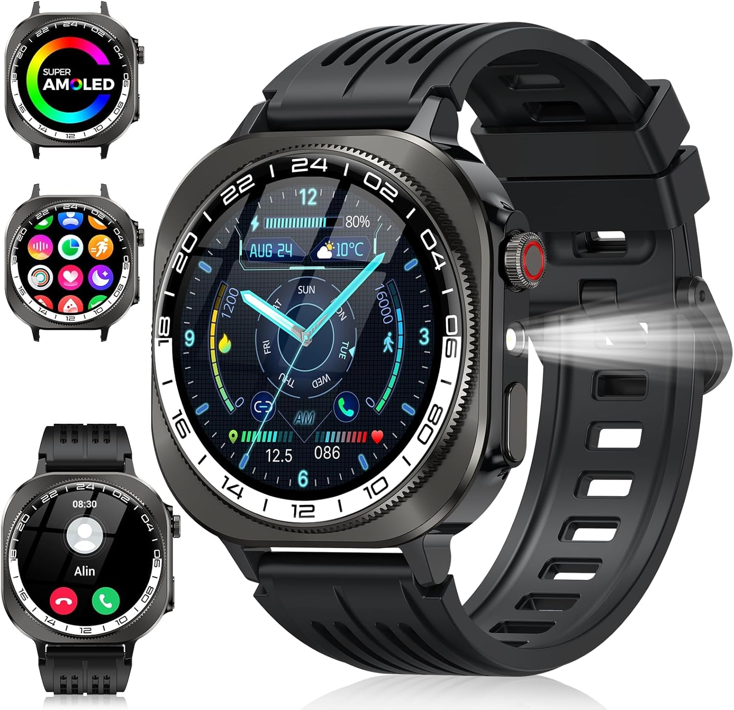 Militaire Montre Connectée Homme Femme 660mAh, 1.43" Écran AMOLED HD Smartwatch avec Appel Bluetooth/LED Lampe, 24/7 Sommeil/Cardio/Podomètre 130+ Sportifs, IP68 Étanche Montre Sport pour Android iOS Noir