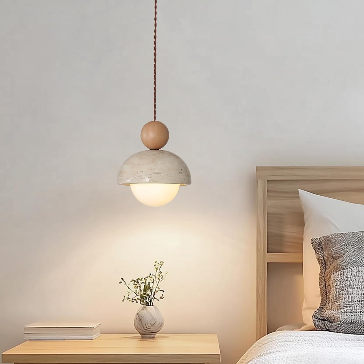 Lustre Japonais Wabi-Sabi Jaune en travertin Abat-Jour en Pierre Naturelle, Suspension en Bois luminaire Suspendu G9 Mini luminaire Nordique pour Cuisine îlot de Salle à Manger(1PC)