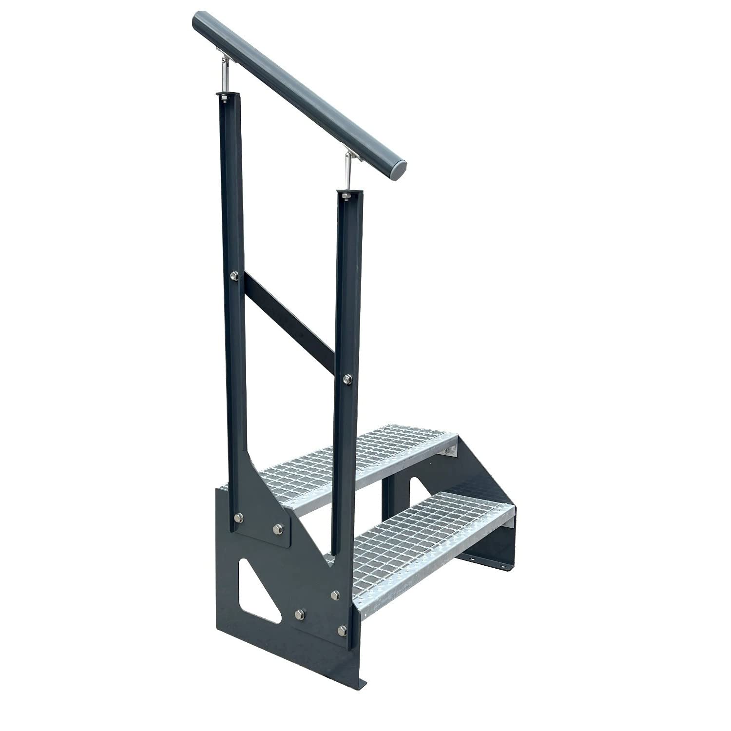 Caillebotis acier Escalier à limon 2 Marches Autoportant Entièrement galvanisé et Anthracite Côtés revêtus de poudre avec garde-corps à gauche - Dimensions (L x l x H) 44cm x 60cm x 38cm A: 600 mm