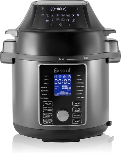 Multicuiseur avec Airfryer - Set de 15 Pièces - 24 Programmes Automatiques - Mijoteuse, Cuiseur à Riz, Cuiseur Vapeur, Autocuiseur - Gris - de Saaf