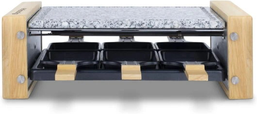 H.Koenig Appareil à raclette Multifonction 6 personnes WOD6, Professionnel, Raclette fromage, Fondue, Pierre Granit et bois naturel, Plaque Amovible, 6 poêlons & 6 spatules en bois, 900W