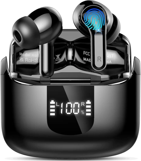 Écouteurs Bluetooth 5.4 sans Fil, Casque Audio Stéréo Hi-FI, Ecouteurs sans Fil Micro CVC8.0 Anti-Bruit, 48H Oreillette Bluetooth Sport Étanche IP7, LED Écran, Contrôle Tactile, pour iOS/Android dark noir