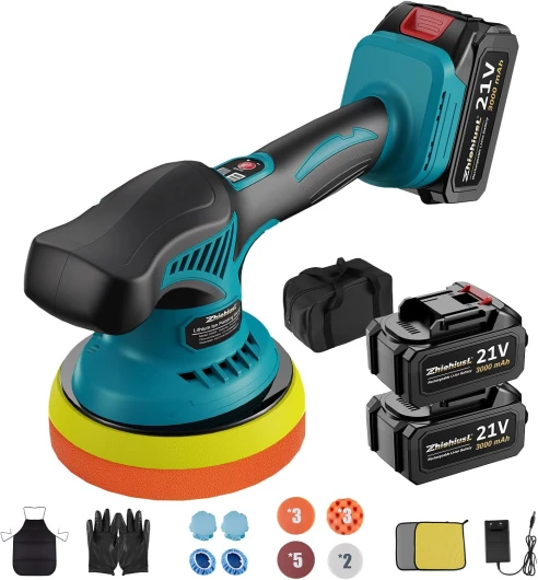 Kit de polisseuse de voiture sans fil de 6 pouces avec 2 batteries 21v 3.0ah et 8 vitesses réglables de 2800 à 6000rpm pour le polissage de voiture, l'épilation à la cire et l'élimination des rayures Bleu