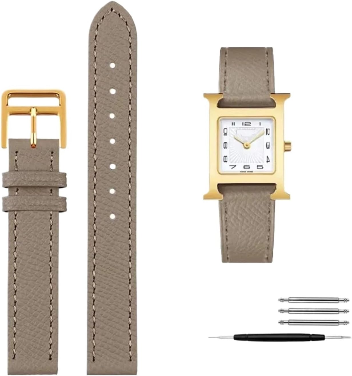 HYUOIND Compatible avec Le Bracelet de Montre Hermes for Femme en Cuir 21 H Noir carré Fin Bracelet en Cuir de Vachette Souple et Confortable 14 mm 16 mm 18 mm 20 mm(Grey Gold,14mm) 14mm Grey Gold