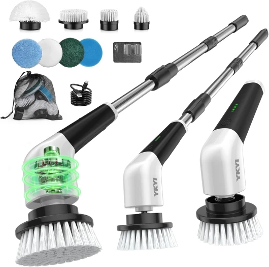 Brosse électrique Nettoyage rotative avec 8 têtes, Manche Extensible, 2 Vitesses, Batterie 2500mAh, étanche IPX7 – Brosse Nettoyage Salle de Bain et Cuisine Blanc