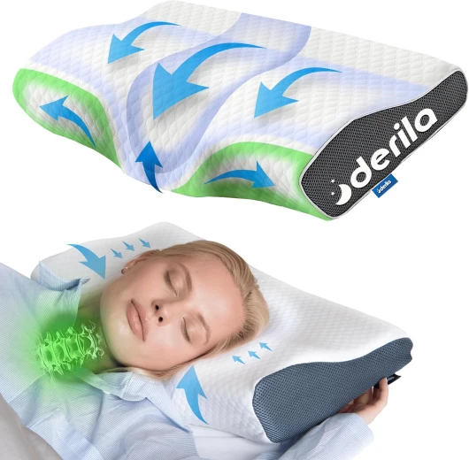 Derila Oreiller Mémoire de Forme Ergonomique Cervical l'oreiller (Pack de 1) Coussin Mémoire de Forme pour Dormeurs Latéraux, Dorsaux et sur Le Ventre
