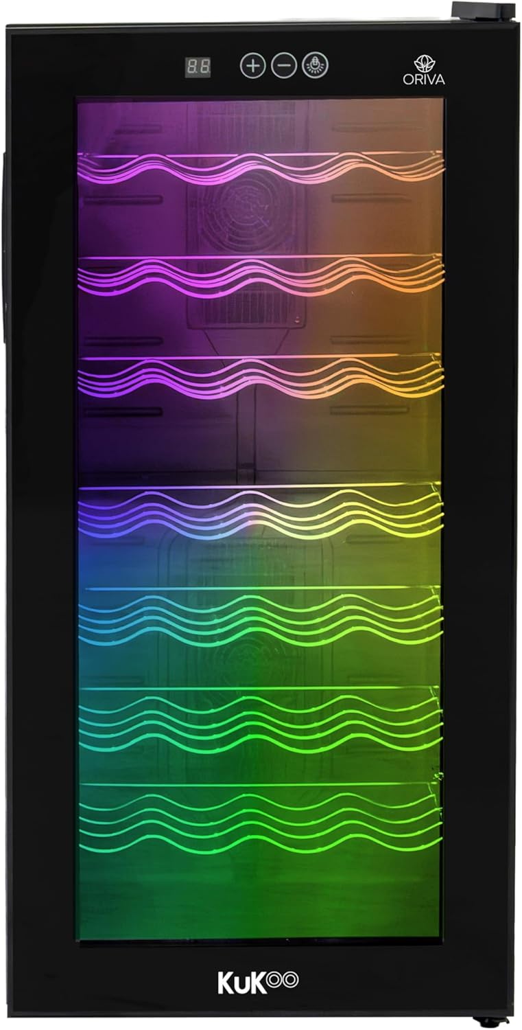Frigo Cave à Vin Sous Plan 78 L Capacité de 28 Bouteilles Porte Noire en Verre Thermoélectrique Éclairage LED 7 Couleurs Télécommande Synchronisation Musique Affiche Digital Panneau de Touche 8-18°C