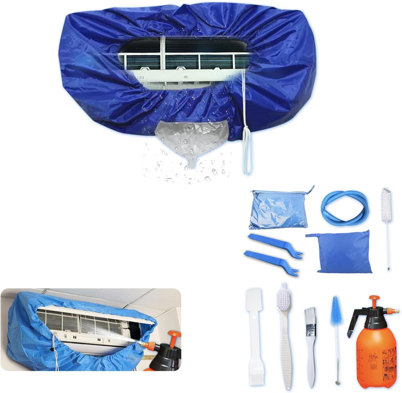 12 pièces kit per pulizia split condizionatore avec bouteille d'eau de 2 L，sacco per pulizia split condizionatore (verre bleu, grand format) Glass Blue Large