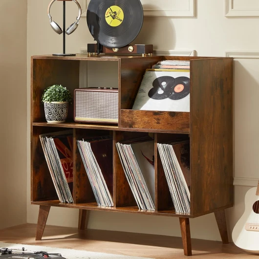 Grand support à vinyles avec rangement, support pour tourne-disque avec étagère pour platine et albums, présentoir pour jusqu'à 300 disques, meuble décoratif pour musique, salon et salle de réception - Marron