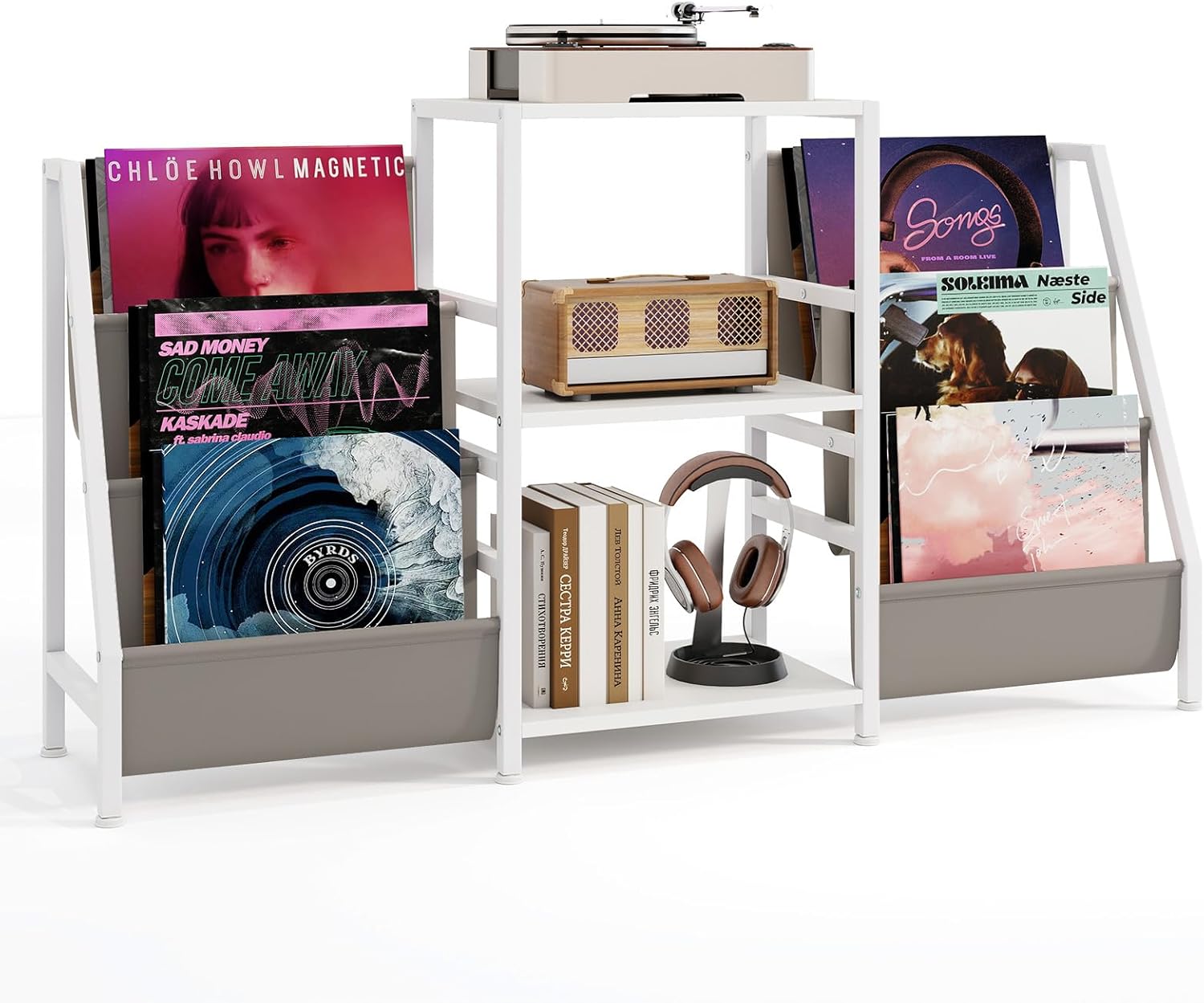 Meuble Platine Vinyle, Armoire d'Exposition avec 3 Étagères & 6 Poches, Cadre Métallique Solide, Agencements Personnalisables, Support Rangement Vinyles, Studio, Café,125 x 30 x 69 CM (Blanc)