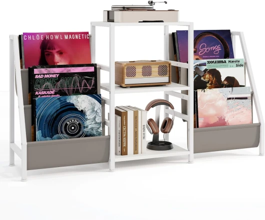 Meuble Platine Vinyle, Armoire d'Exposition avec 3 Étagères & 6 Poches, Cadre Métallique Solide, Agencements Personnalisables, Support Rangement Vinyles, Studio, Café,125 x 30 x 69 CM (Blanc)